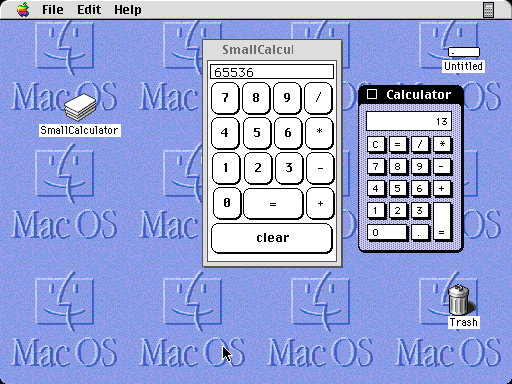 [A HyperCard calculator and the System 7 calculator on System 8]