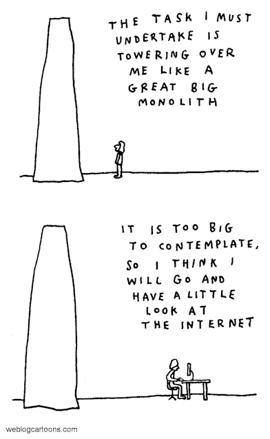 [The task I must undertate is towering over me like a great big monolith.  It is too big to contemplate, so I think I will go and have a little look at the Internet.]