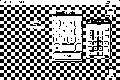 [A HyperCard calculator and the system calculator]