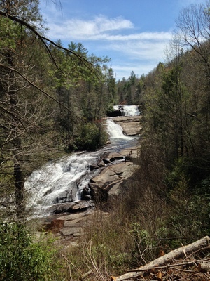 [A cascade of cascading water along the Little River, an ironic name given that it's not that little. Then again, the New River, also in North Carolina, is not that new, being the oldest river in the world.]