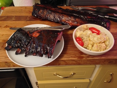 [Home barbecued ribs and home made potato salad (totally---even the mayonnaise is home made).  How can you go wrong?]