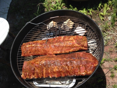 [You can see the pan of water just below the ribs. That thing in the upper left portion is a digital thermometer.]