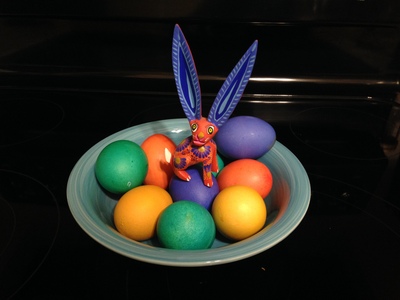 [This is the colorful Osterhase which brings forth a bounty of colorful eggs, not to be confused with the golden brown Hasenpfeffer, which is brought forth with onions and a marinade of wine and vinegar.]