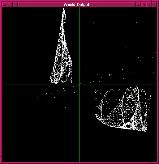 [I don't have correct values for this plot—it's too chatoc to reproduce.] When I came across this image, I recorded the values of A, B, C and D. But at the time, I was running with the output and control windows as large as they could get, but the values I recorded were only to four decimal places. Upon trying to revisit this shape, it wasn't what I originally saw. That means I didn't record the values correctly, or more likely, due to the chaotic nature of these things, the results are so dependent upon upon the actual values that four decimal places aren't enough. It was such a result in the 60s from scientist Edward Lorenz that lead to the creation of Chaos Theory.