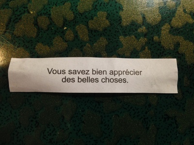 [Fortune cookie fortune that says “Vous savez bien apprécier des belles choses.”] Maybe if we were eating in a Vietnamese restaurant, this would make sense.